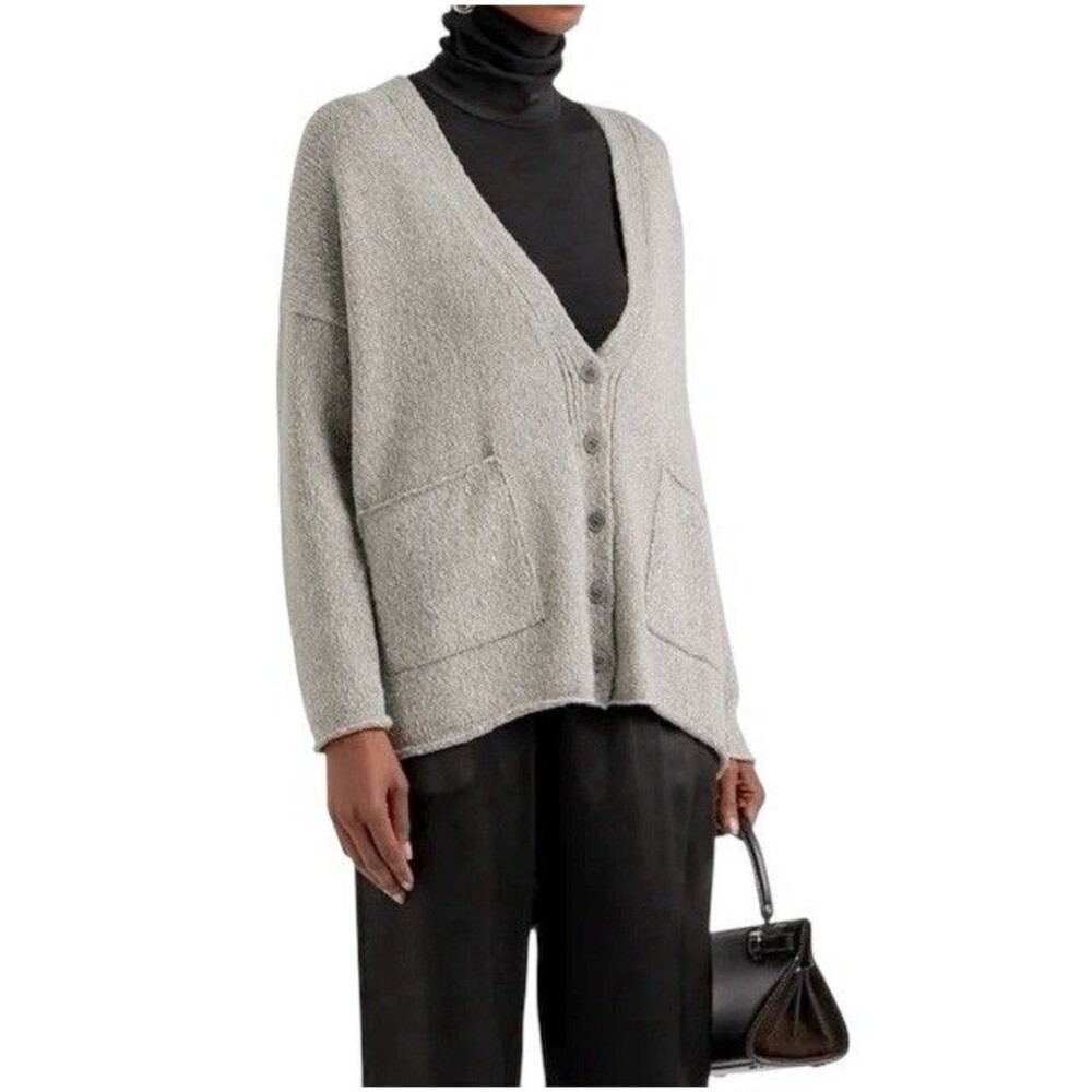 Eileen Fisher V-Neck Cardigan Sweater Gray Organic Cotton Size 1X Pockets